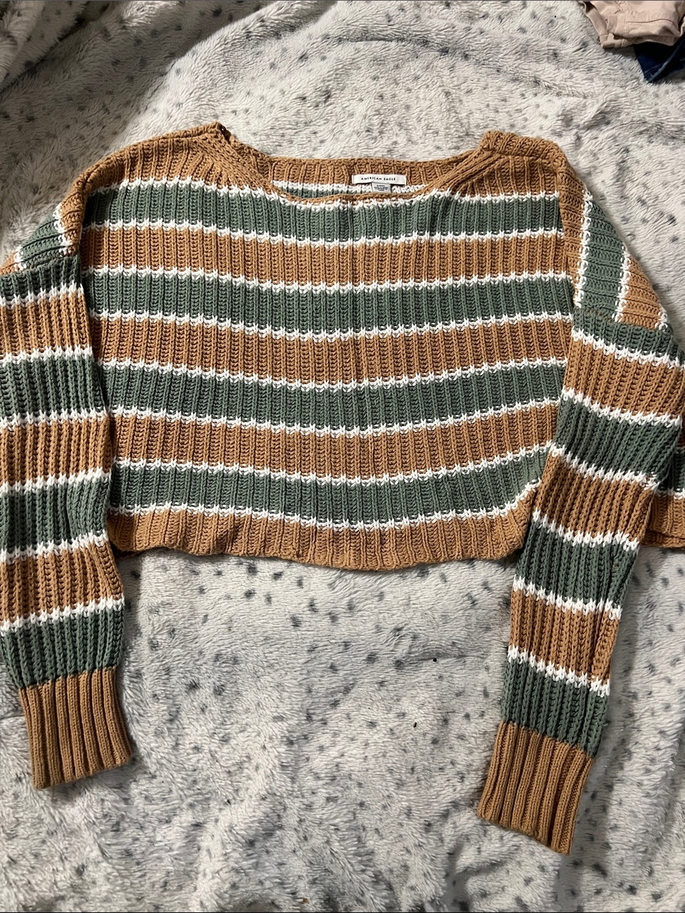 American Eagle Outfitters Cropped Striped Sweater - Tan, Green & White